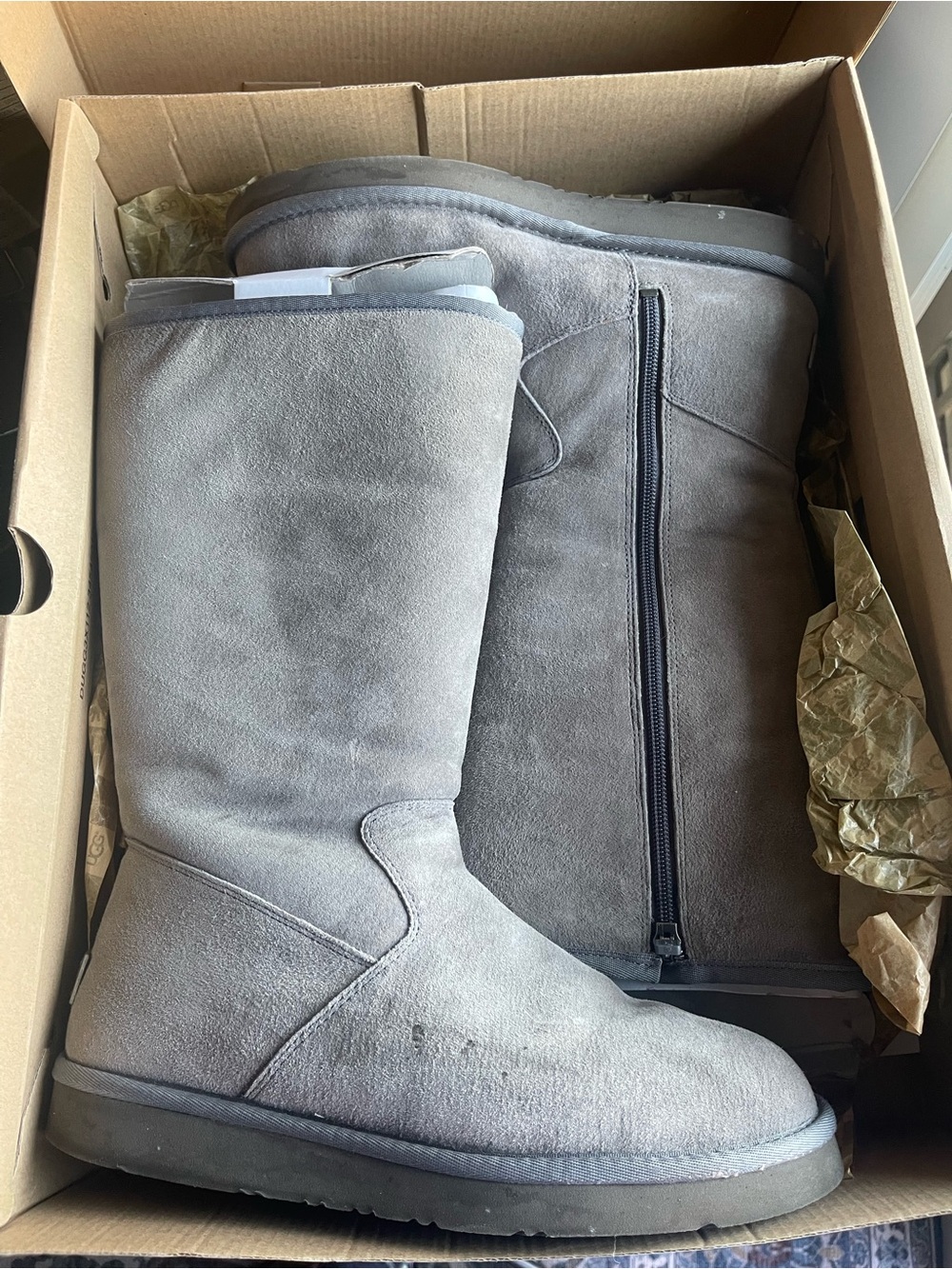 UGG Gray Suede Mid-Calf Zip Heeled Boots